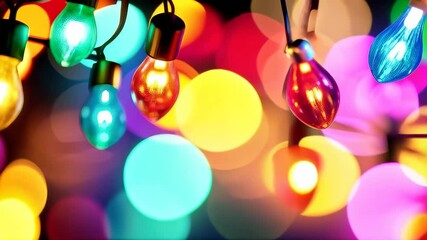 Poster - Illuminated colorful string lights with bokeh background, creating a vibrant and festive ambiance with glowing decoration in dark