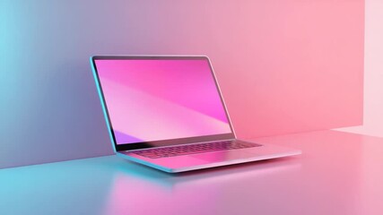 Poster - Modern Laptop Computer Displaying Pink Gradient on a Soft Lit Tabletop Environment