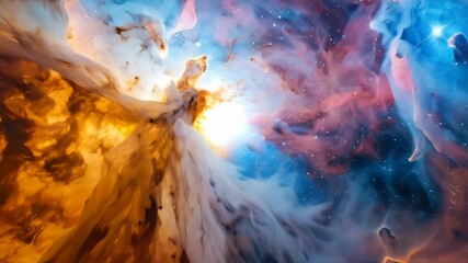 Poster - Nebula space scene with glowing stars, colorful cloud formations, and cosmic dust in shades of blue, red, orange and brown