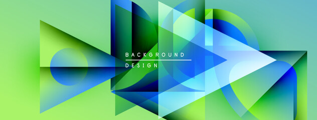 Poster - Abstract geometric composition. Overlapping shapes create vibrant gradients, cool blues blend with fresh greens. Modern design element.