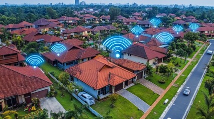 Poster - Bird eye view of houses with data waves and digital overlays representing high-speed smart home WiFi connections