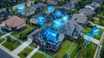 Poster - Elevated view of connected suburban homes using mesh network lines and icons for AI, sensors, and cloud services