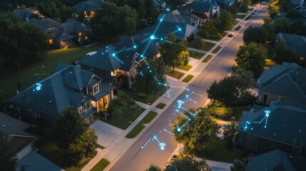 Poster - Elevated view of connected suburban homes using mesh network lines and icons for AI, sensors, and cloud services