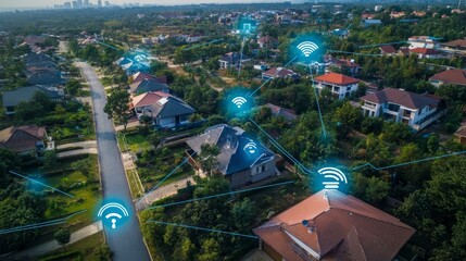 Poster - Elevated view of connected suburban homes using mesh network lines and icons for AI, sensors, and cloud services