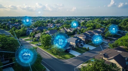 Poster - Elevated view of connected suburban homes using mesh network lines and icons for AI, sensors, and cloud services