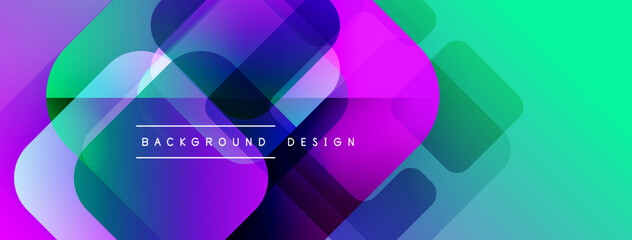Fototapete - Abstract geometric shapes overlap, creating vibrant color gradients. Modern design features purple, pink, turquoise hues. Text reads background design.
