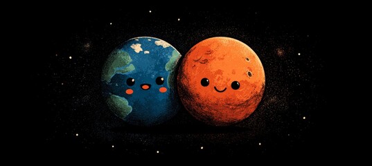 Aufkleber - Cute planet Mars and planet Earth. Space astronomy science education. Generative AI technology.