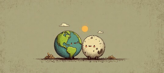 Aufkleber - Earth and moon cute figure illustration. Space astronomy science education. Generative AI technology.
