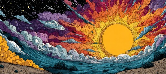 Wall Mural - sunset sea sun retro illustration. science galaxy astronomy education. generative ai technology.