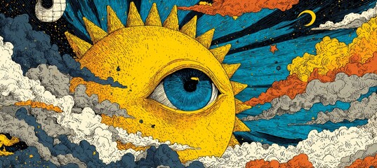 Wall Mural - vintage style sun face art character. science galaxy astronomy education. generative ai technology.