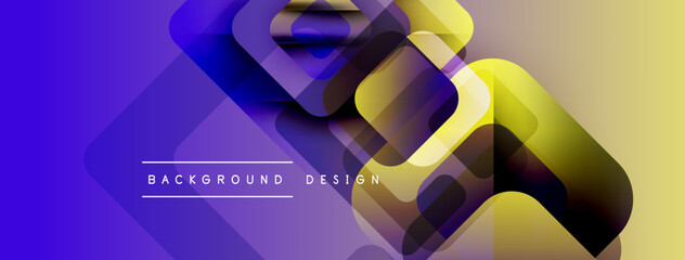Fototapete - Abstract geometric shapes overlap, creating vibrant gradient background. Purple, blue, yellow hues dominate design. Modern aesthetic.