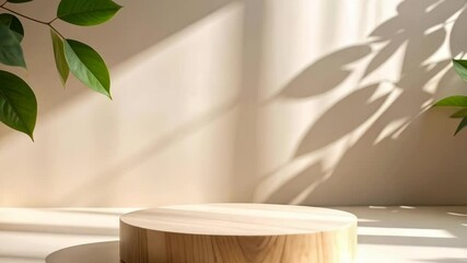 Poster - Minimalist display showcase with wooden round podium, sunlight and leaf shadow on cream wall, natural light background for product promotion