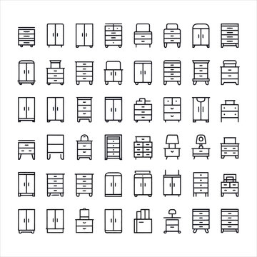 Collection of minimalist furniture icons displaying various cabinets, dressers, and wardrobes