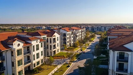 Aerial view of modern residential buildings with landscaped gardens and clear blue sky in background
