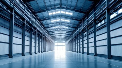 Poster - Interior view of a large empty warehouse featuring a blue steel frame and a polished concrete floor, with bright light at the end.