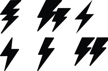 Wall Mural - Collection of Black Lightning Bolt Icons Isolated on White Background Design