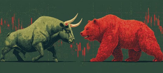 Poster - Green bull versus red bear. Bullish and bearish stock. Economy business market. Generative AI technology.	
