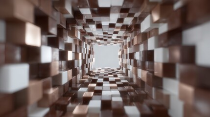 Poster - Abstract 3D Cube Tunnel  Brown  Beige  White Geometric Shapes Background