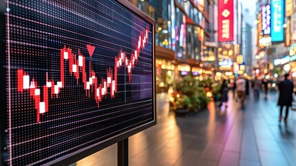 Poster - A digital display showing market charts and financial data is set against the vibrant backdrop of a bustling city at night with neon signs crowds of people
