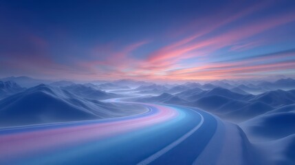 Wall Mural - Serene Sunset Road  Winding Path Through Misty Mountains