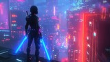 A cyber ninja with glowing blue swords standing on a neon-lit rooftop