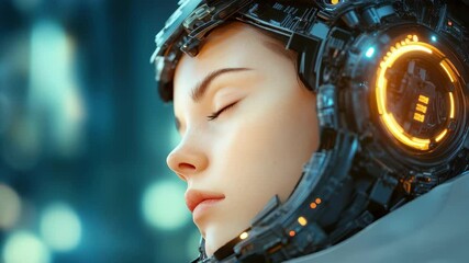 Poster - Serene robotic female in a trance during a futuristic city night with glowing lights, Serene robotic female in a trance, cinematic and detailed background