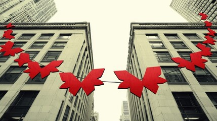 Poster - A striking visual metaphor depicting red butterflies symbols of change and transformation cascading against the backdrop of a modern high rise cityscape