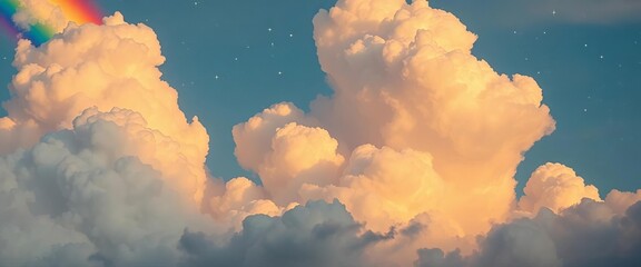 Wall Mural - Rainbow fluffy clouds, twinkling stars, whimsical sky ,  playful,  scene