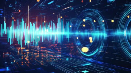 Poster - Vibrant blue audio waveform illustrating techno sound design in a digital landscape, blue audio waveform techno able background