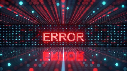 Poster - Digital error message displayed in a futuristic setting with vibrant lights and reflections.