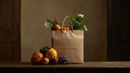 Aufkleber - Paper bag filled with fresh vegetables and fruits sits on wooden table, surrounded by pears, grapes, and apples, creating beautifully arranged composition of fresh produce