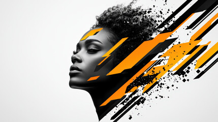 Poster - Striking digital artwork features woman profile with dynamic geometric patterns black and orange, symbolizing modern fashion and creativity. abstract design blends seamlessly with her silhouette