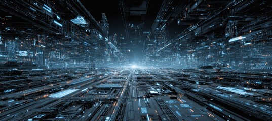 Aufkleber - Microscopic view from motherboard chip world. Fast speed motion effect. Generative AI technology.	

