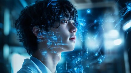 Fototapete - Young scientist or programmer working on futuristic technology interface concept