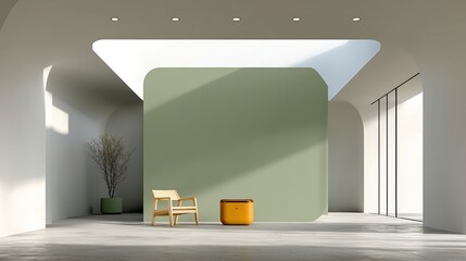 Poster - Modern Minimalist Interior Design  Green Wall  Wooden Chair  Copper Box