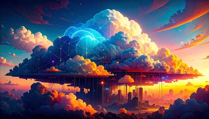Fototapete - A Stunning Visualization of Cloud Technology. Abstract Digital Art of a Cloud Network.futuristic, idea, infographic, inspiration, smooth, art, illustration, technology, datum, design,