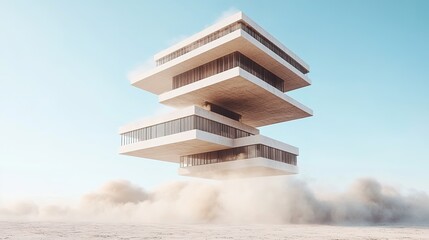 Poster - A high-tech AI building structure, forming in mid-air with dust surrounding it.