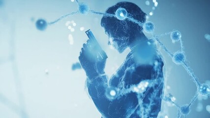 Poster - Virtual analysis holographic figure analyzing data on cell phone, future technology