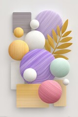 Poster - Abstract Pastel Spheres and Geometric Shapes with Gold Leaf on White Background