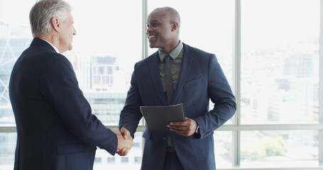 Poster - Networking, welcome and shaking hands with business men together with document for event. Greeting, partnership and handshake with employee for introduction to corporate seminar, office or workshop