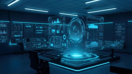 Futuristic server room with glowing screens and data center technology concept visualization