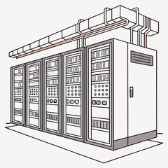 Poster - Server Racks Illustrate Data Processing in a Minimalist Style, conveying digital infrastructure, with line art and technical drawing elements.