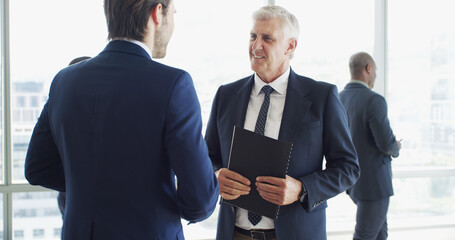 Poster - Report, discussion and business men in office for finance contract with investment negotiation. Paperwork, conversation and financial advisor with manager for feedback on budget document in workplace