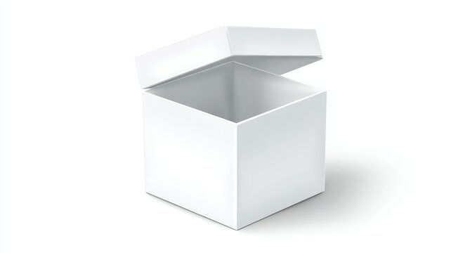A digitally rendered image of a blank, white, square box with its lid ajar, set against a white background with a subtle drop shadow
