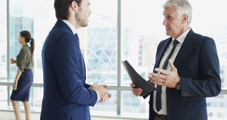 Poster - Business, colleagues and men with file, collaboration and financial report for proposal and meeting. Office, ceo and people with paperwork for stock market, investor and discussion for opportunity