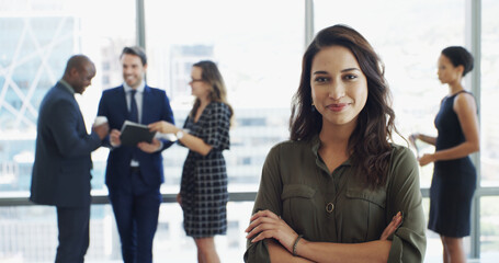 Poster - Office, crossed arms and portrait of business woman in lobby with confidence, pride and ambition. Professional, corporate and person with staff for about us in finance career, job and opportunity