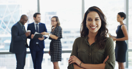 Poster - Office, business and portrait of happy woman with crossed arms for confidence, pride and financial planner. Professional staff, corporate and person for about us in finance career, job or opportunity