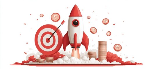 Poster - Rocket and goal target. Business focus aim for success achievement. Generative AI technology.	
