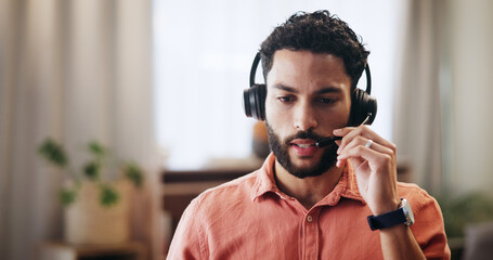 Poster - Man, headset and conversation in home for remote work, virtual assistant for help or communication. Male person, call center and customer service hotline with agent, talk and explanation for support