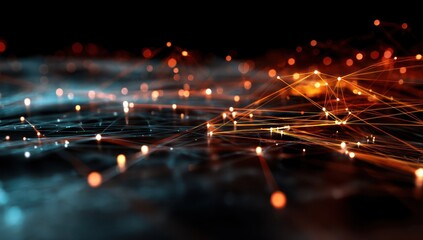 Poster - Big data displayed on a science grid, with particles and glowing connections to represent complex data systems.
